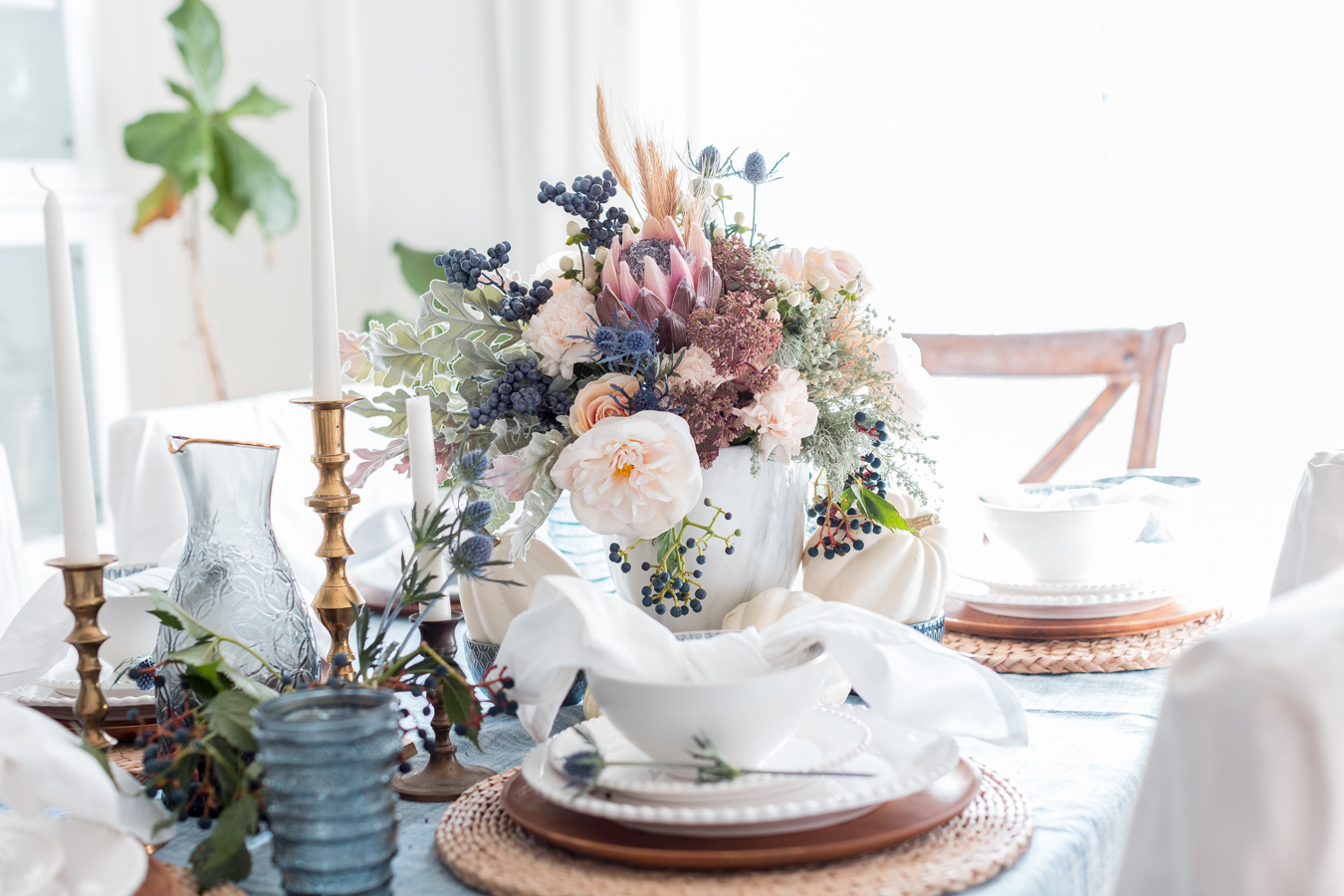 1350px x 900px - Blue and mauve fall tablescape
