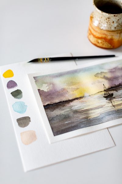 How to paint a sunset over water with watercolor