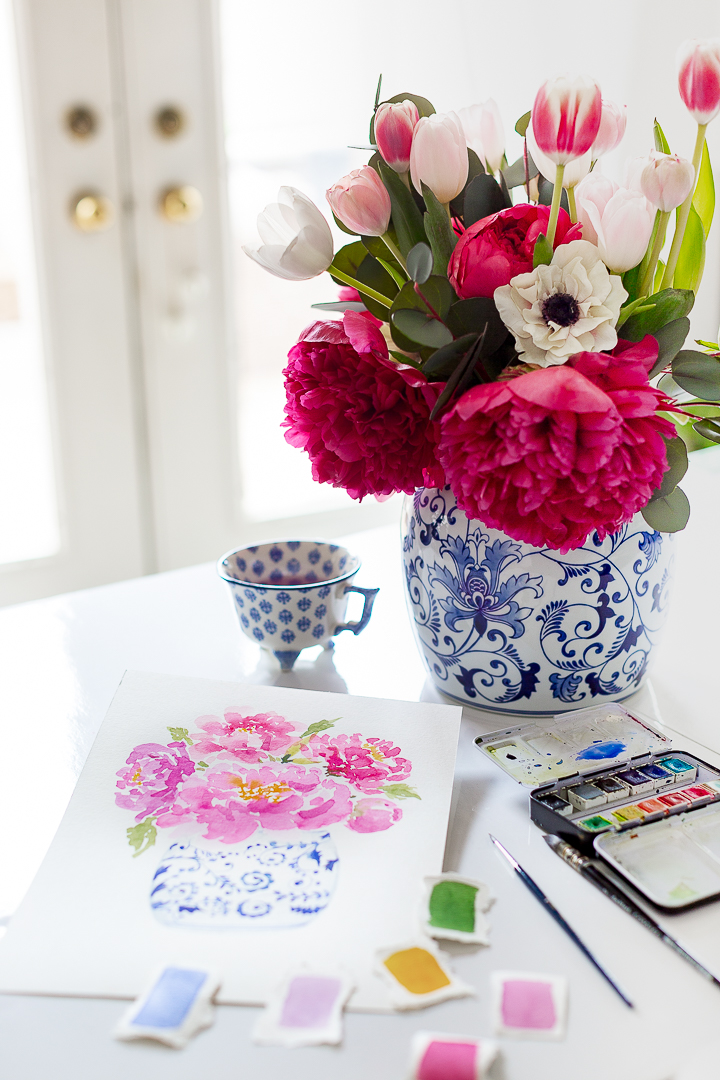 Peonies with Ginger Jars Personalized Watercolor Crest — Simply