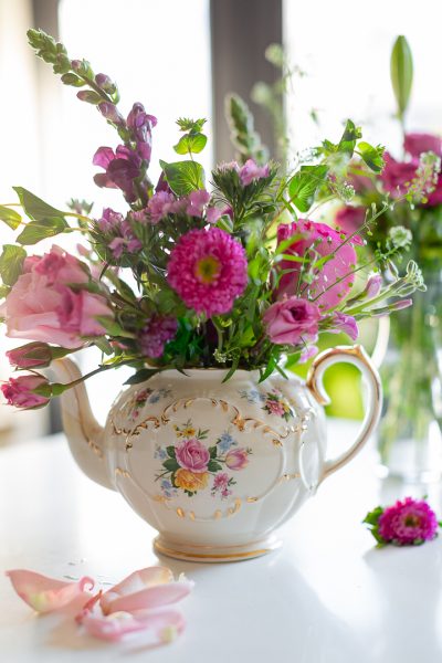 Romantic Flower Arrangement in Antique Teapot