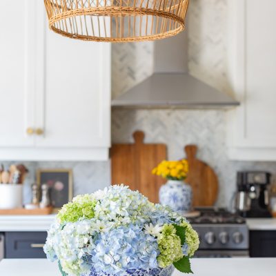 Blue Hydrangea in Shallow Bowl Arrangement